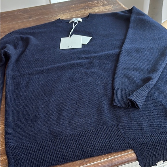 Tibi Blue Crewneck Sweater with Ribbed Cuffs